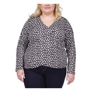MICHAEL KORS Womens Black Long Sleeve Surplice Neckline Faux Wrap Top Plus 1X